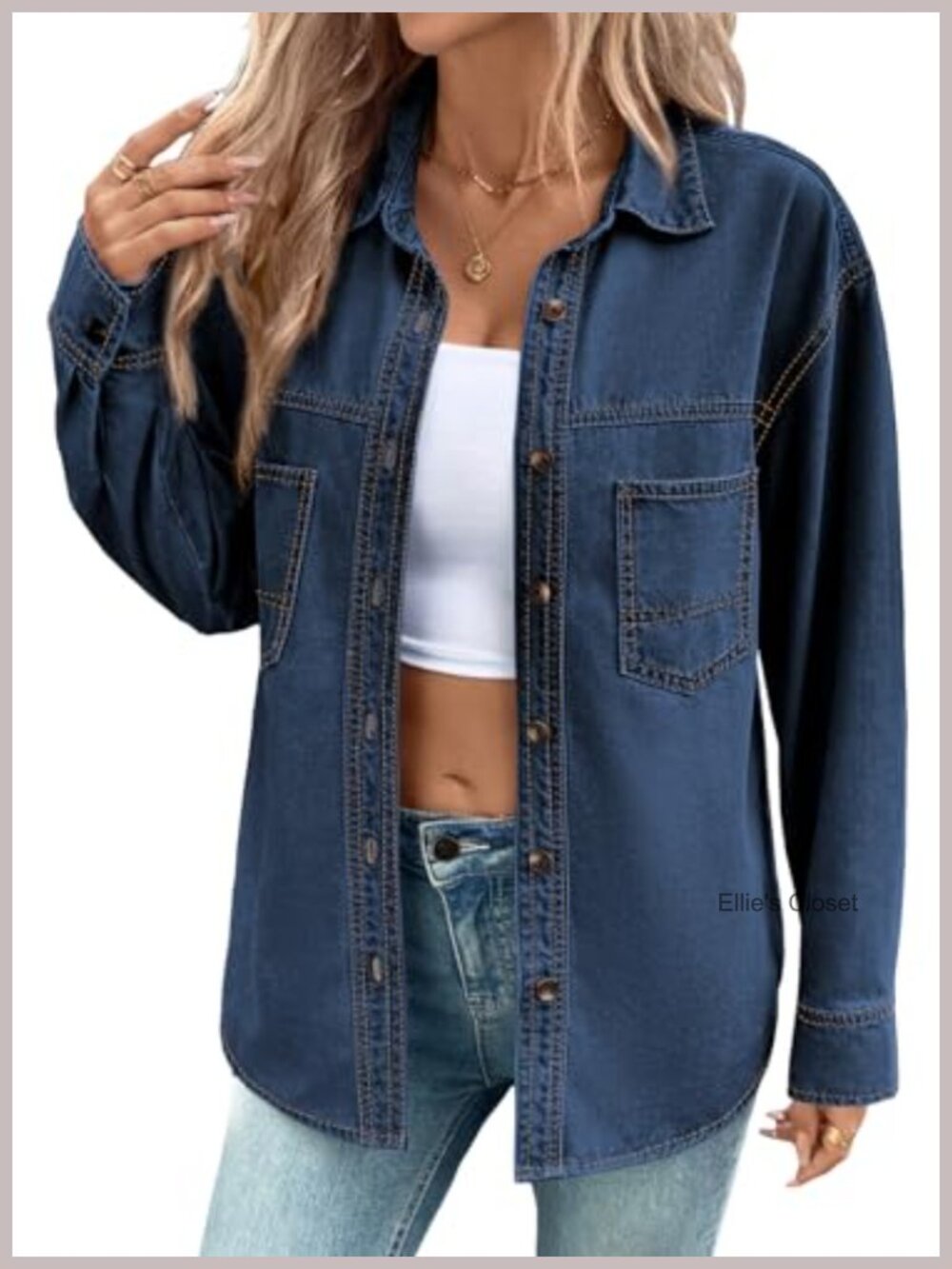 Oversized Denim Button Down Shirt Women Long Sleeve Cotton Blend